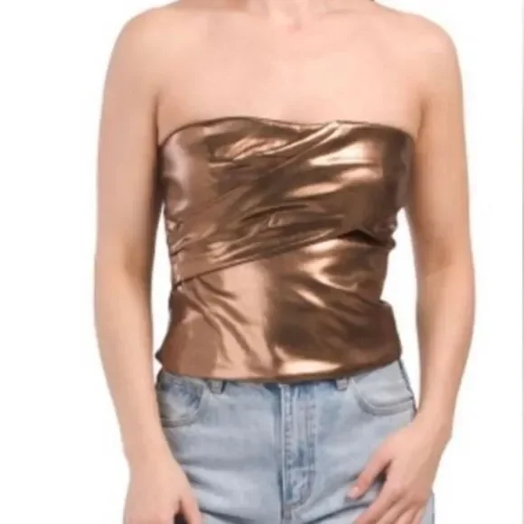 Zara NWT Metallic Bronze Strapless Top Size Medium - Picture 4 of 6